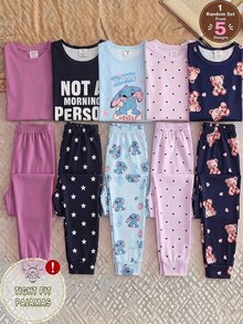 [Randomly Send 1set]Girls Fashionable Cute Koala Pattern Print Pink Base Round Neck Pullover Long Sleeve Pants Knit Fabric Comfortable Soft High Elasticity Slim Fit Two Pieces Set Loungewear - Multicolor - View 3