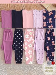 [Randomly Send 1set]Girls Fashionable Cute Koala Pattern Print Pink Base Round Neck Pullover Long Sleeve Pants Knit Fabric Comfortable Soft High Elasticity Slim Fit Two Pieces Set Loungewear - Multicolor - View 2