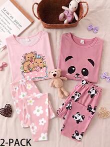 [Randomly Send 1set]Girls Fashionable Cute Koala Pattern Print Pink Base Round Neck Pullover Long Sleeve Pants Knit Fabric Comfortable Soft High Elasticity Slim Fit Two Pieces Set Loungewear - Multicolor - View 5