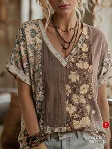 SHEIN LUNE 女款復古花卉印花V領短袖休閒寬鬆上衣，適合日常穿著、工作、旅行與度假 - 彩色 - 查看 1