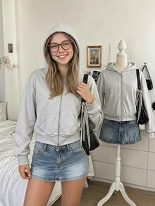 SHEIN Sparklyn Autumn/Winter Girls' Hooded Zip-Up Jacket - Street Style Mix, Sweatshirt, Long Sleeve, Fleece, Fall Clothes, Warm Knit Fabric Suitable For Autumn/Winter - Grey - View 1