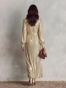 SHEIN فستان ماكسي أنيق للحفلات بتصميم بسيط لامع مزين بالترتر بياقة على شكل حرف V وأكمام فانوس طويلة مع فتحة جانبية - فضي - مشاهدة 3