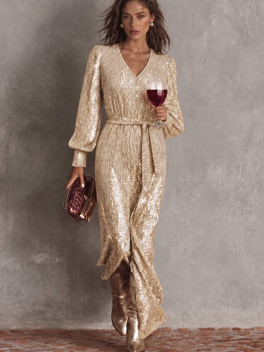 SHEIN فستان ماكسي أنيق للحفلات بتصميم بسيط لامع مزين بالترتر بياقة على شكل حرف V وأكمام فانوس طويلة مع فتحة جانبية