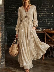 SHEIN فستان ماكسي أنيق للحفلات بتصميم بسيط لامع مزين بالترتر بياقة على شكل حرف V وأكمام فانوس طويلة مع فتحة جانبية - فضي - مشاهدة 6