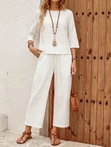 EMERY ROSE Women's Vacation Casual Solid Color Shirt And Pants 2 Pieces Set Vacation White Autumn - White - View 5