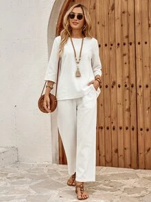 EMERY ROSE Women's Vacation Casual Solid Color Shirt And Pants 2 Pieces Set Vacation White Autumn - White - View 3