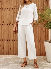 EMERY ROSE Women's Vacation Casual Solid Color Shirt And Pants 2 Pieces Set Vacation White Autumn - White - View 7