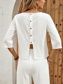 EMERY ROSE Women's Vacation Casual Solid Color Shirt And Pants 2 Pieces Set Vacation White Autumn - White - View 6