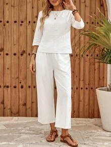 EMERY ROSE Women's Vacation Casual Solid Color Shirt And Pants 2 Pieces Set Vacation White Autumn - White - View 4