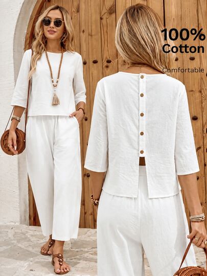 EMERY ROSE Women's Vacation Casual Solid Color Shirt And Pants 2 Pieces Set Vacation White Autumn
