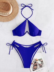 Swim SXY Summer Beach Cut-Out Knot Back Cross Halter Underwire Bikini Bikini Azulblue Bikini - Royal Blue - View 3