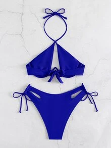 Swim SXY Summer Beach Cut-Out Knot Back Cross Halter Underwire Bikini Bikini Azulblue Bikini - Royal Blue - View 4