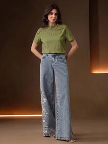 Anewsta 女款優雅度假風領口拼接葉片蕾絲綠色短袖T恤 - 綠色 - 查看 6