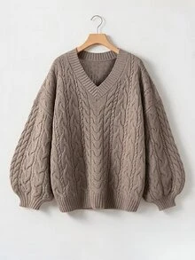 SHEIN CURVE+ Plus Size Women's V-Neck Twisted Rope Lantern Sleeve Pullover Sweater, Suitable For Autumn/Winter Wear - Camel - View 4