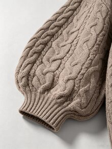 SHEIN CURVE+ Plus Size Women's V-Neck Twisted Rope Lantern Sleeve Pullover Sweater, Suitable For Autumn/Winter Wear - Camel - View 3