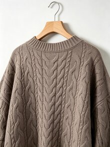 SHEIN CURVE+ Plus Size Women's V-Neck Twisted Rope Lantern Sleeve Pullover Sweater, Suitable For Autumn/Winter Wear - Camel - View 6