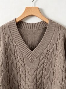 SHEIN CURVE+ Plus Size Women's V-Neck Twisted Rope Lantern Sleeve Pullover Sweater, Suitable For Autumn/Winter Wear - Camel - View 5