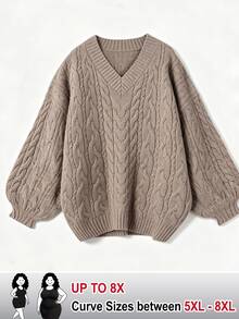 SHEIN CURVE+ Plus Size Women's V-Neck Twisted Rope Lantern Sleeve Pullover Sweater, Suitable For Autumn/Winter Wear - Camel - View 1