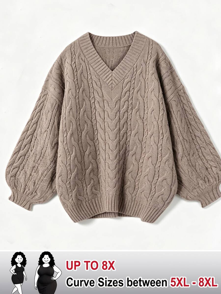 SHEIN CURVE+ Plus Size Women's V-Neck Twisted Rope Lantern Sleeve Pullover Sweater, Suitable For Autumn/Winter Wear - Camel - View 1
