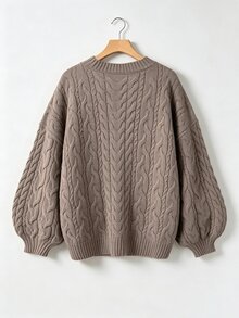 SHEIN CURVE+ Plus Size Women's V-Neck Twisted Rope Lantern Sleeve Pullover Sweater, Suitable For Autumn/Winter Wear - Camel - View 2