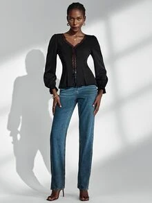 Almamuse Women's Elegant Contrast Lace Long Sleeve Blouse Fall Cloth For Women - Black - View 4