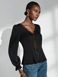 Almamuse Women's Elegant Contrast Lace Long Sleeve Blouse Fall Cloth For Women - Black - View 6