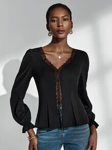 Almamuse Women's Elegant Contrast Lace Long Sleeve Blouse Fall Cloth For Women - Black - View 2