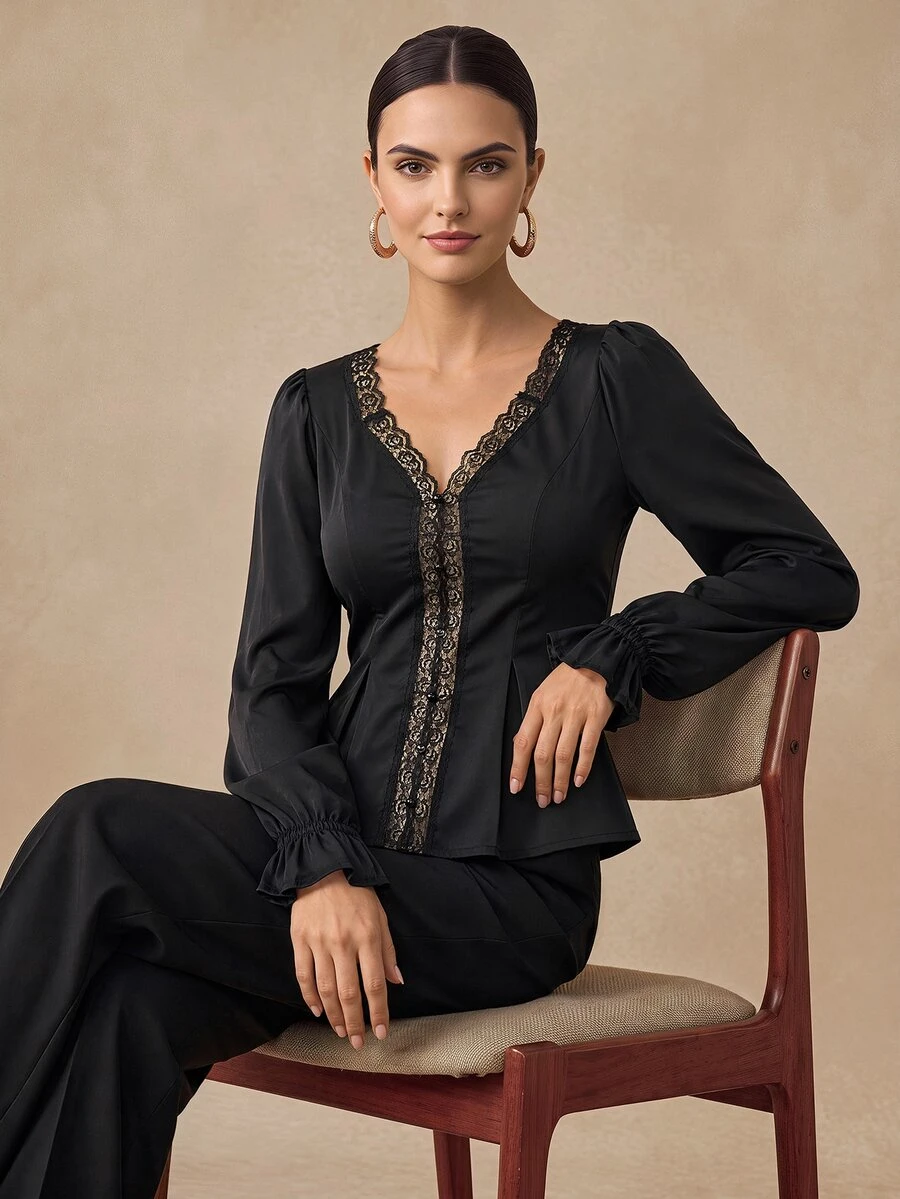 Almamuse Women's Elegant Contrast Lace Long Sleeve Blouse Fall Cloth For Women - Black - View 1