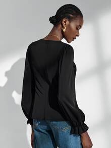 Almamuse Women's Elegant Contrast Lace Long Sleeve Blouse Fall Cloth For Women - Black - View 3