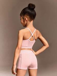 SHEIN 女童无袖短裤运动套装，时尚休闲运动服，适合户外长途运动 - 粉色 - 查看 4