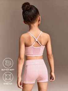 SHEIN 女童无袖短裤运动套装，时尚休闲运动服，适合户外长途运动 - 粉色 - 查看 2