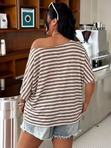 Muchica Plus Size Women's Asymmetrical Shoulder Striped Casual Daily Short Sleeve T-Shirt - Brown - View 2