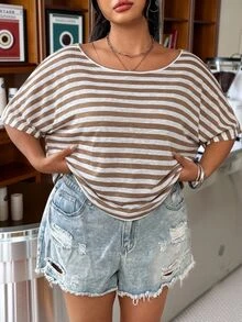 Muchica Plus Size Women's Asymmetrical Shoulder Striped Casual Daily Short Sleeve T-Shirt - Brown - View 4