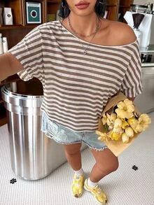 Muchica Plus Size Women's Asymmetrical Shoulder Striped Casual Daily Short Sleeve T-Shirt - Brown - View 5