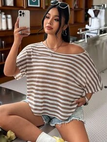 Muchica Plus Size Women's Asymmetrical Shoulder Striped Casual Daily Short Sleeve T-Shirt - Brown - View 1