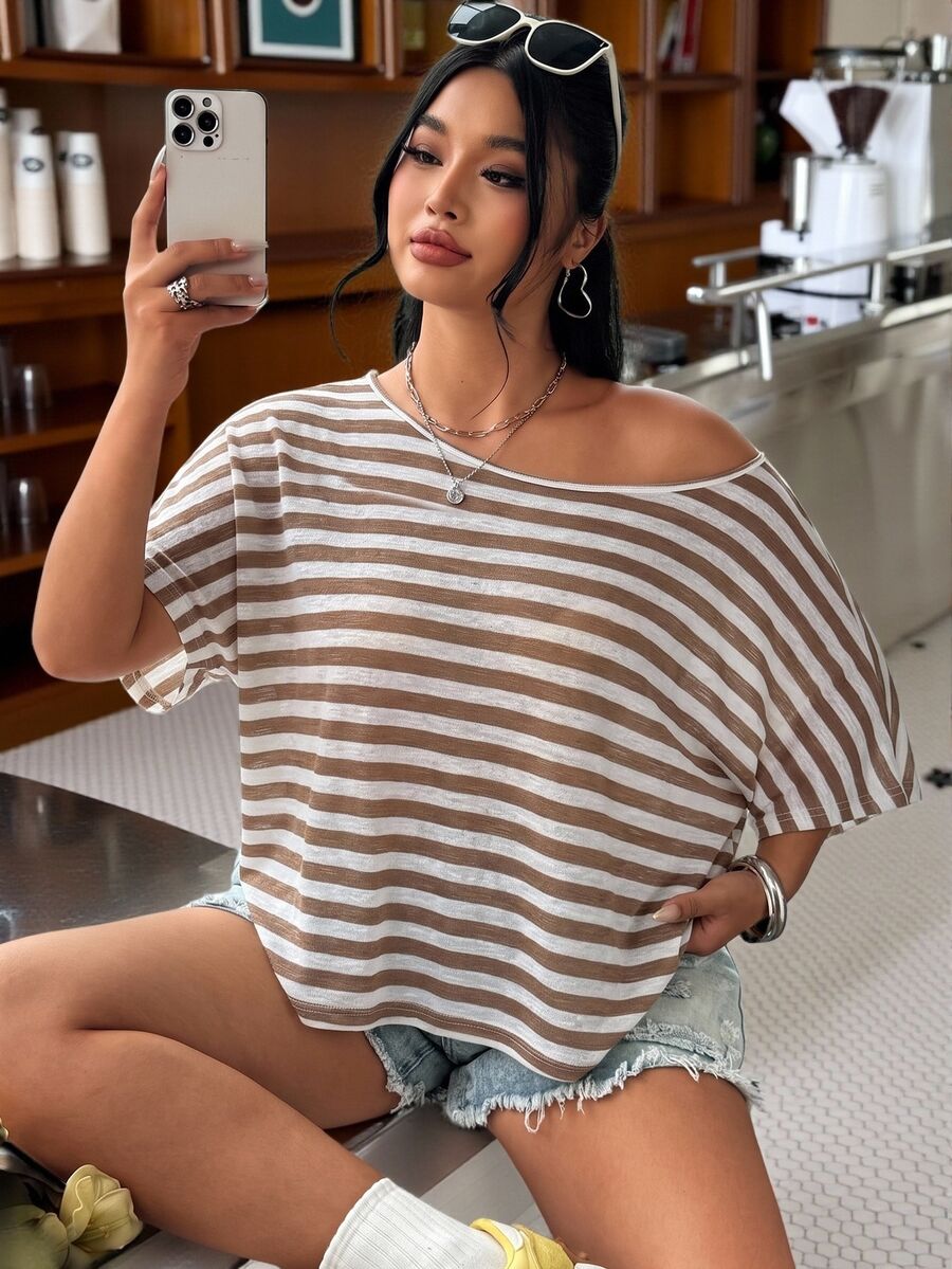 Muchica Plus Size Women's Asymmetrical Shoulder Striped Casual Daily Short Sleeve T-Shirt - Brown - View 1