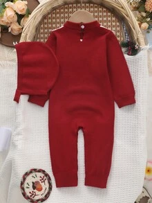 SHEIN 女嬰紅色針織連身裙，嬰兒連身褲配甜美蝴蝶結與蕾絲領，新生兒毛衣爬行服，適合秋冬日常穿著 - 紅色 - 查看 2
