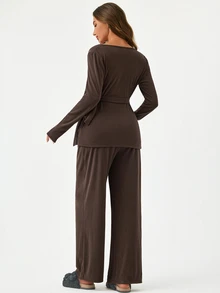 Modmama Maternity Nursing Solid Color Side Knot Long Sleeve T-Shirt And Adjustable Waist Long Pants Casual 2 Pieces Set Fall - Brown - View 4