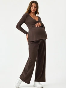 Modmama Maternity Nursing Solid Color Side Knot Long Sleeve T-Shirt And Adjustable Waist Long Pants Casual 2 Pieces Set Fall - Brown - View 6