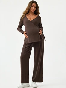 Modmama Maternity Nursing Solid Color Side Knot Long Sleeve T-Shirt And Adjustable Waist Long Pants Casual 2 Pieces Set Fall - Brown - View 5