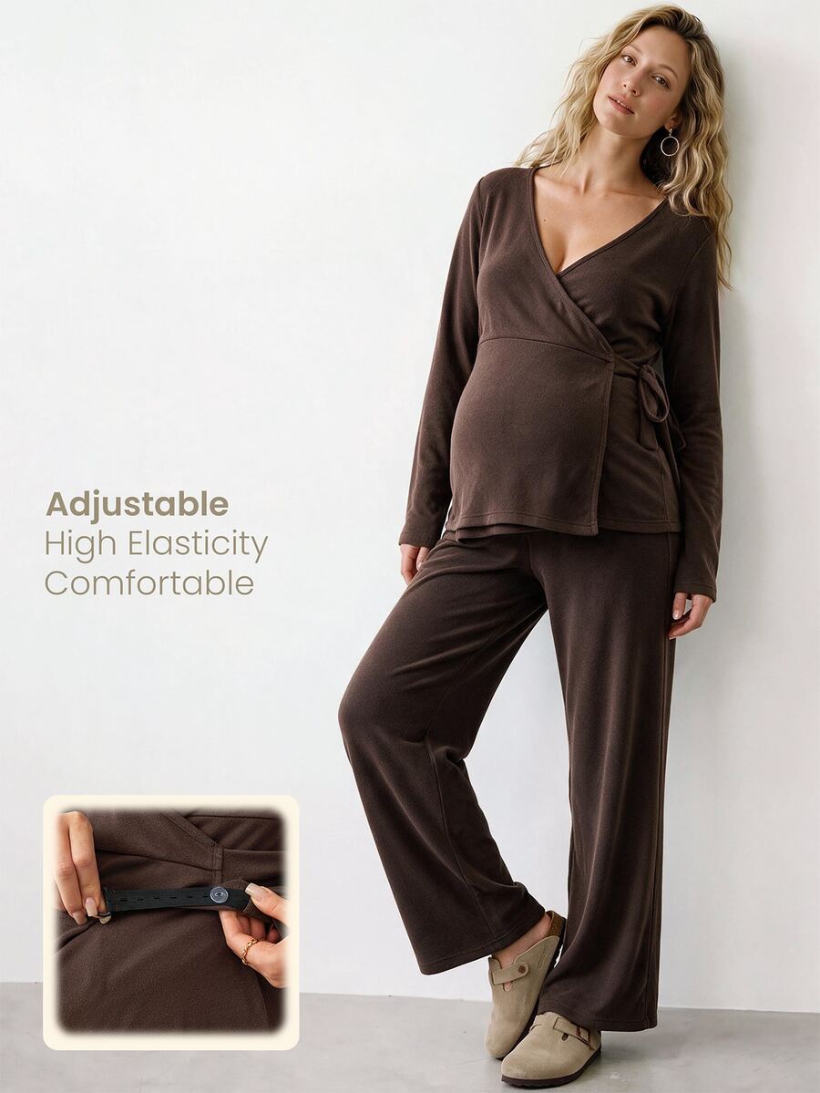 Modmama Maternity Nursing Solid Color Side Knot Long Sleeve T-Shirt And Adjustable Waist Long Pants Casual 2 Pieces Set Fall - Brown - View 1