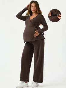 Modmama Maternity Nursing Solid Color Side Knot Long Sleeve T-Shirt And Adjustable Waist Long Pants Casual 2 Pieces Set Fall - Brown - View 3