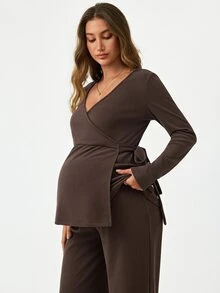 Modmama Maternity Nursing Solid Color Side Knot Long Sleeve T-Shirt And Adjustable Waist Long Pants Casual 2 Pieces Set Fall - Brown - View 7
