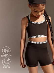 SHEIN Young Girls' Black & Rose Red 2 Pieces Active Set,Back-Cross Sleeveless Top & Matching Shorts,High-Stretch Soft Fabric For Autumn Winter,Gym, Fall - Mocha Brown - View 3
