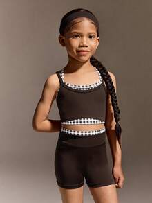 SHEIN Young Girls' Black & Rose Red 2 Pieces Active Set,Back-Cross Sleeveless Top & Matching Shorts,High-Stretch Soft Fabric For Autumn Winter,Gym, Fall - Mocha Brown - View 7