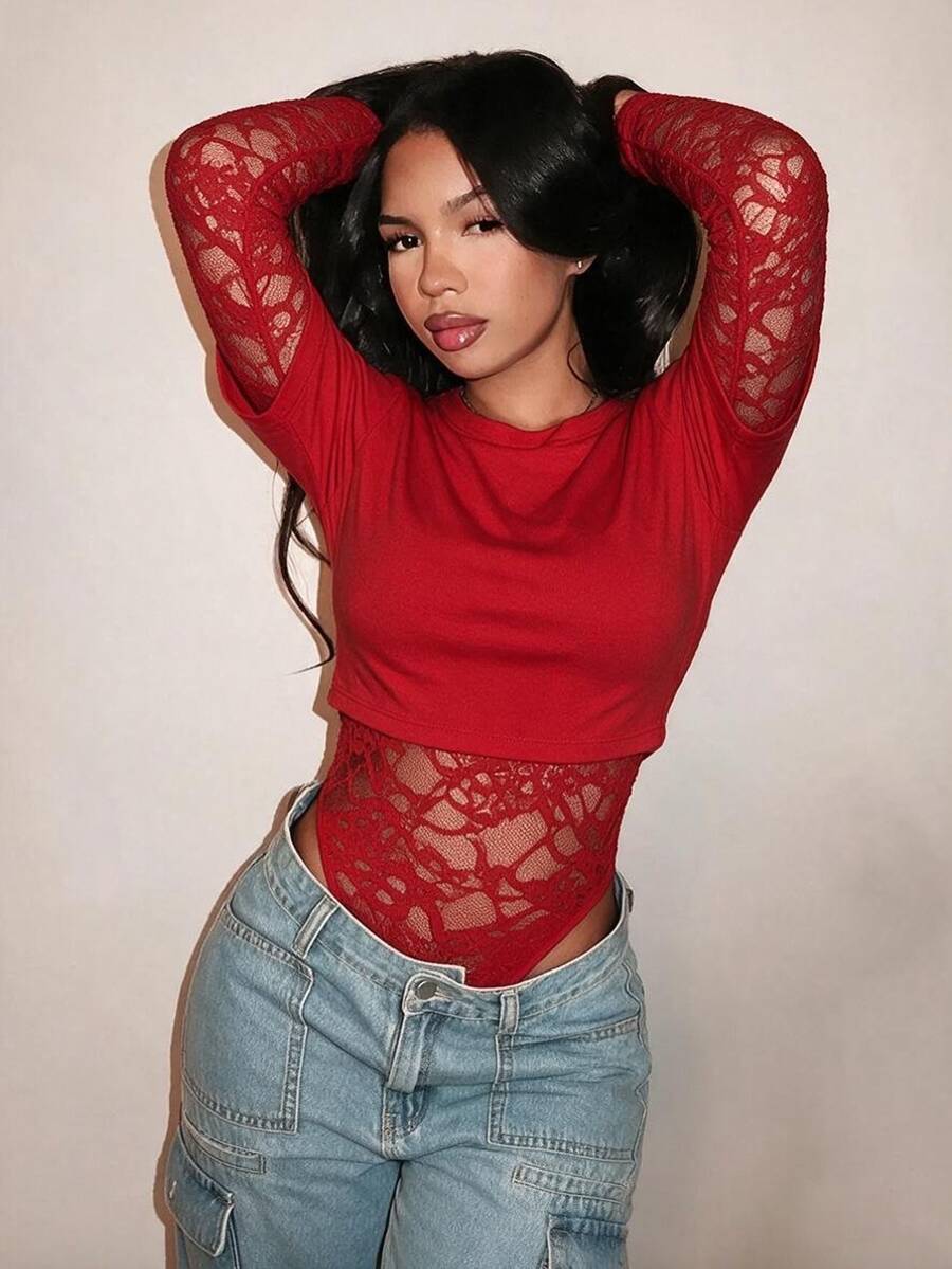BamGleam Women's Long Sleeve Sexy Lace 2 In 1 Bodysuit