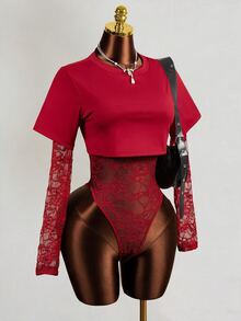 BamGleam Women's Long Sleeve Sexy Lace 2 In 1 Bodysuit - Red - View 6