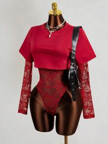 BamGleam Women's Long Sleeve Sexy Lace 2 In 1 Bodysuit - Red - View 5