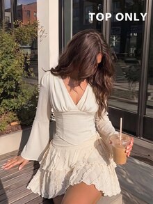 SHEIN MOD Women's Autumn Elegant Solid Color Bell Sleeve Blouse - Apricot - View 3