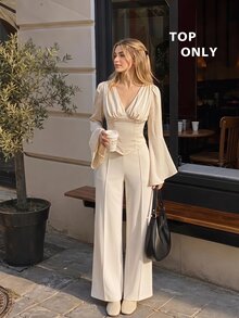 SHEIN MOD Women's Autumn Elegant Solid Color Bell Sleeve Blouse - Apricot - View 2